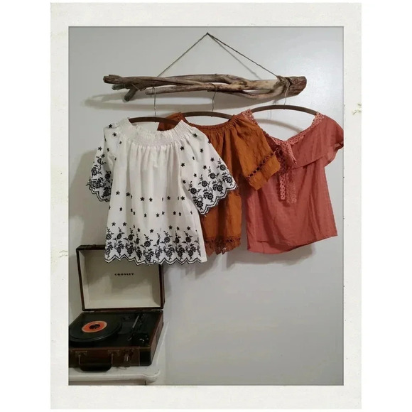 Tops - Tan Brown Burnt Orange ONLY Cottagecore Shabby Chic Off Shoulder Top